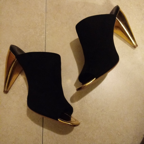 Tory Burch Shoes - Tory Burch Suede Mules Gold Chunky Heel
